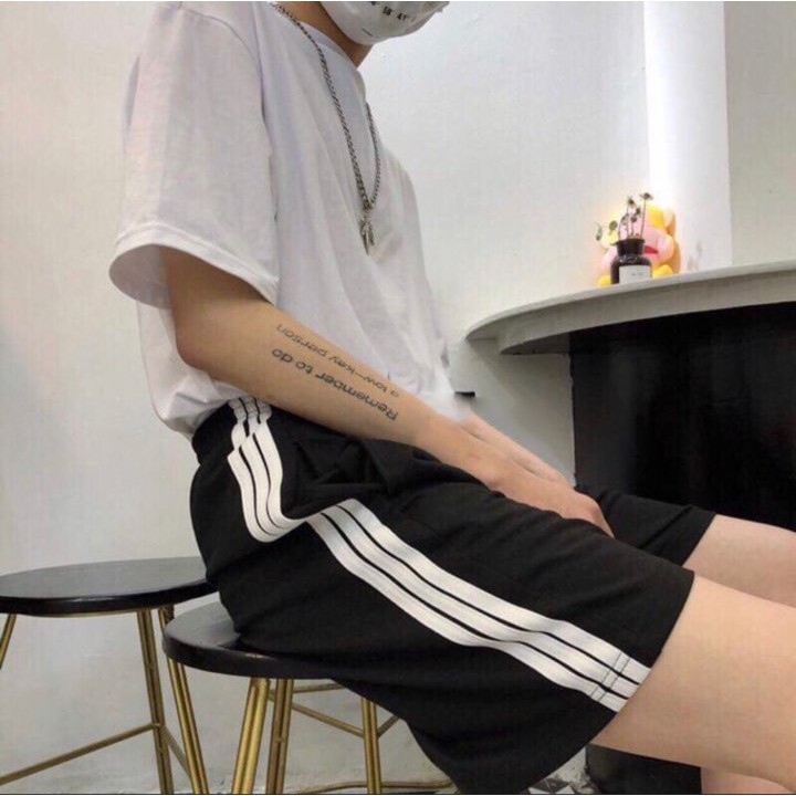 Quần short thun Đen 3 sọc unsiex chất poly co giãn mạnh thể thao tập gym