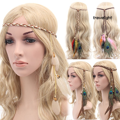 Băng Đô Dây Bện Phối Lông Vũ Phong Cách Boho Thời Trang Cho Nữ