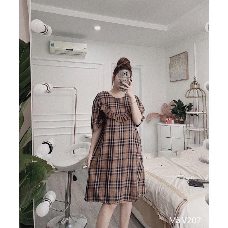 Váy suông sọc burberry phối bèo, đầm xuông rộng freesize, tay cộc mã V207 - Michi's House