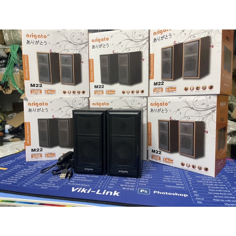 Loa máy tính vi tính laptop mini để bàn vỏ gỗ Arigato M22 loa Loyfun bass giá rẻ âm thanh hay, hình thức đẹp, chuẩn 3.5.