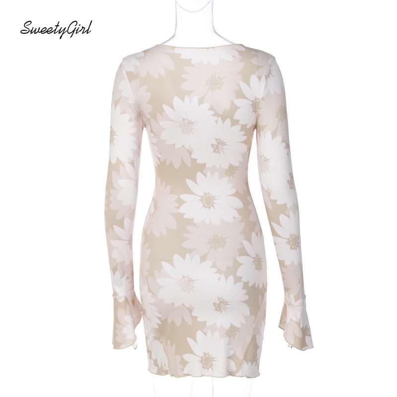 Đầm Mini Tay Dài Cổ Chữ V Họa Tiết Màu Nhuộm Eo Thấp Quyến Rũ Thời Trang 2022 Cho Nữ