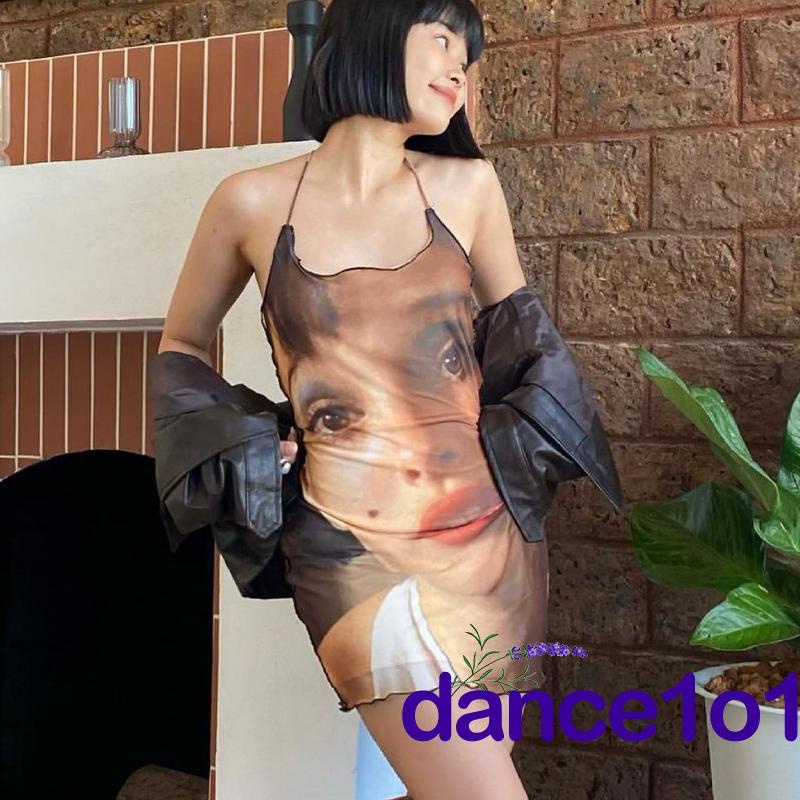 Váy hai dây in họa tiết chân dung xinh xắn dành cho nữ