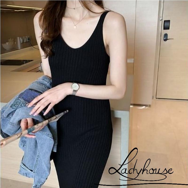 Đầm midi dệt kim hai dây cổ chữ V màu trơn co giãn màu đen/cà phê phong cách đường phố cho nữ