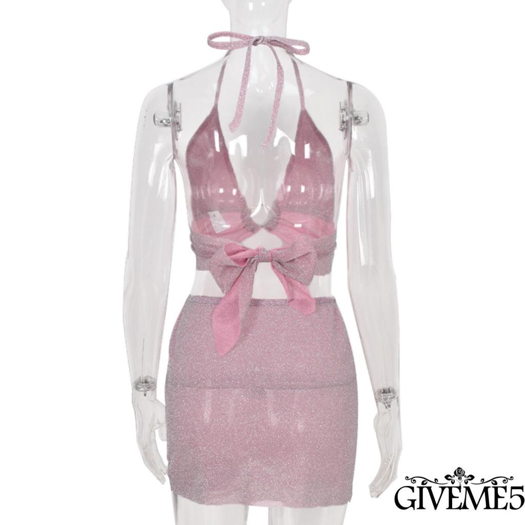 Set áo dây hở lưng + chân váy ngắn lưng cao màu trơn quyến rũ cho nữ