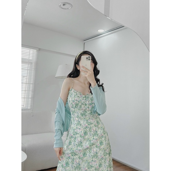 Set đầm hoa 2 dây kèm khoác xanh mint