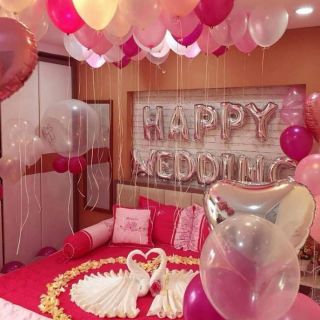 Sét bóng happy wedding + 50 bóng bay + 5 bóng tim + bơm + băng dính + dây buộc