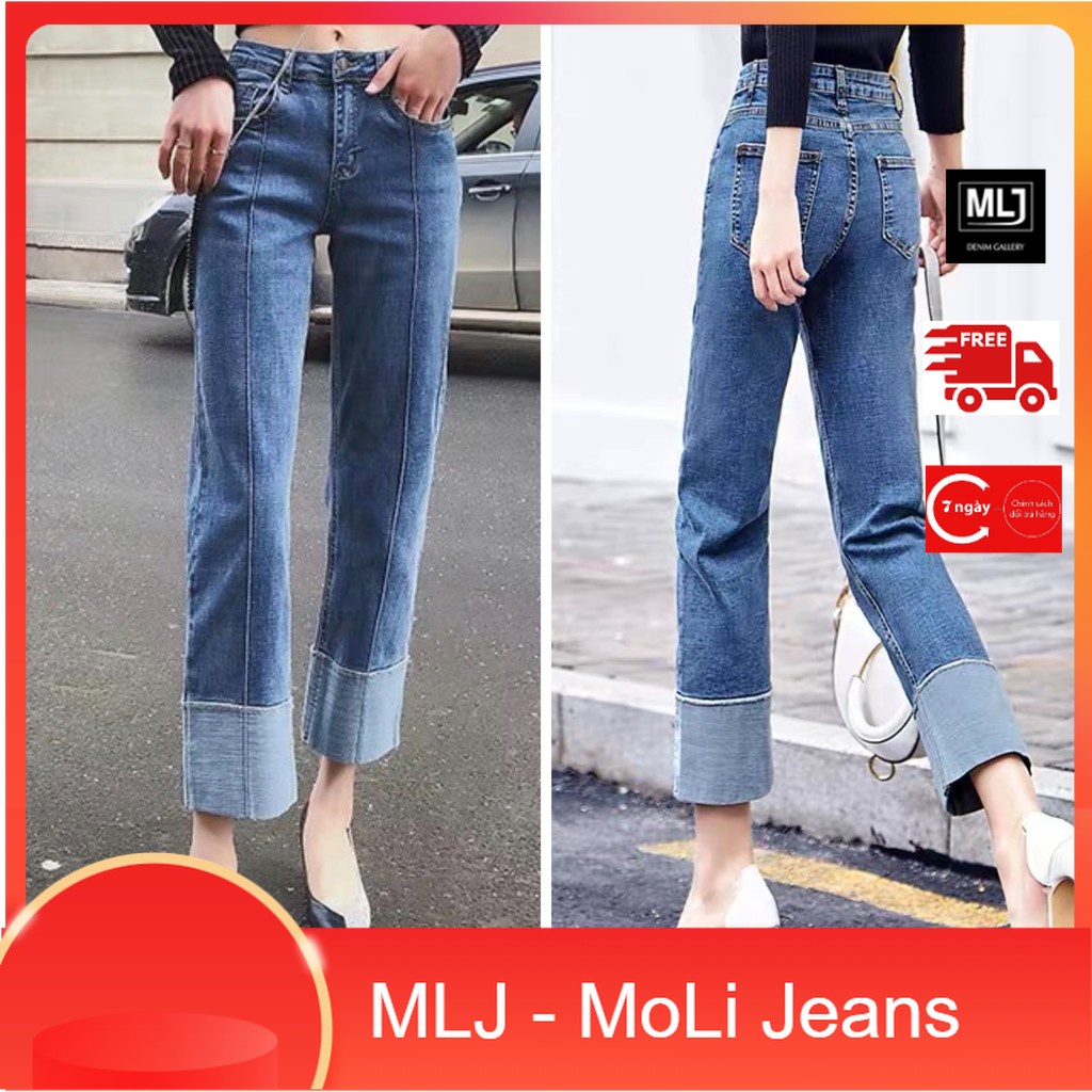 Quần jean nữ BIGSIZE ống suông rộng 9 tấc, lưng cao, co dãn mạnh, dành cho người béo 65kg~90kg 3512