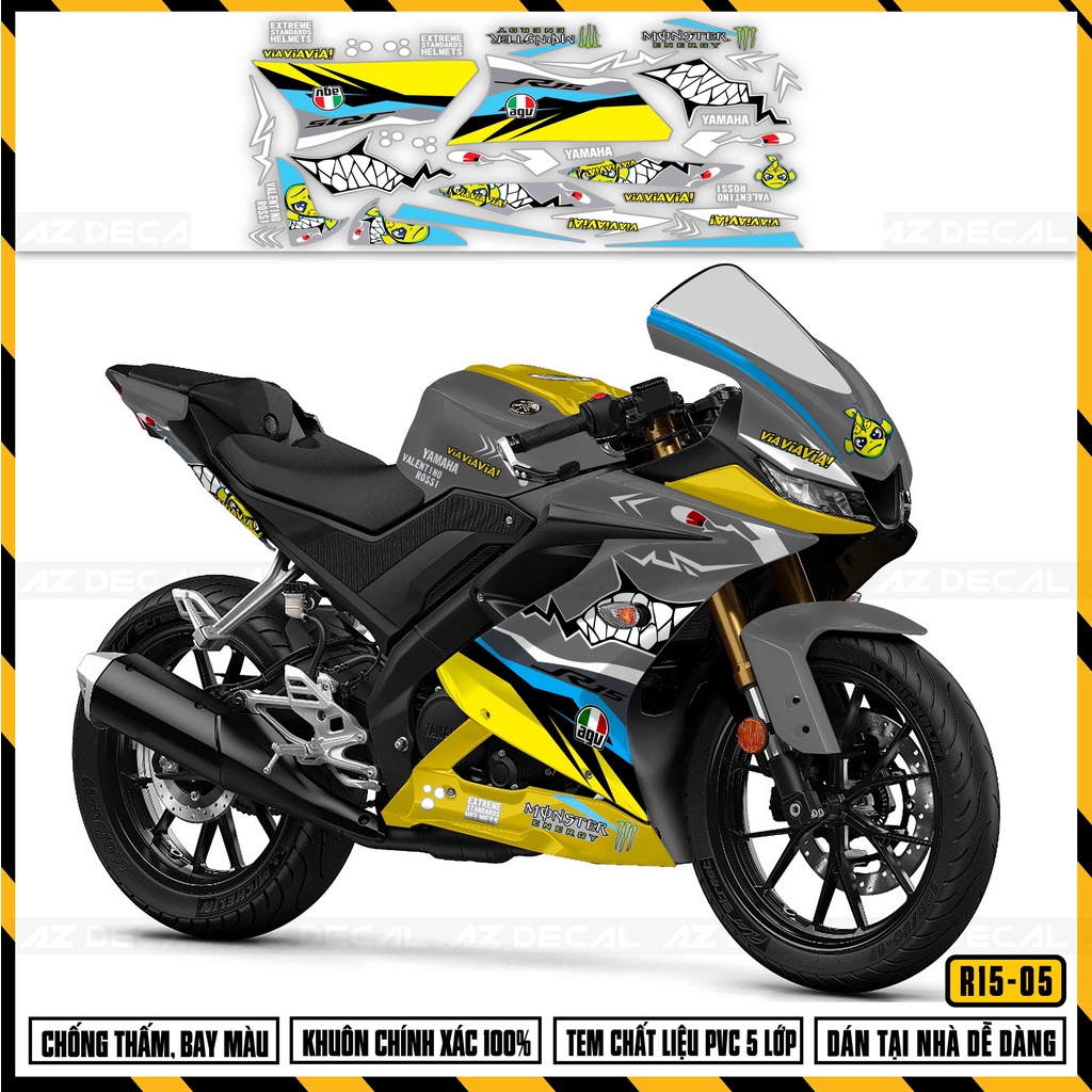 Tem Rời Xe R15V3 Mẫu Cá Mập | R15V305 | Decal Dán Xe R15V3 Cho Màu Xe Đen, Đỏ, Vàng, Xanh GP, Xám