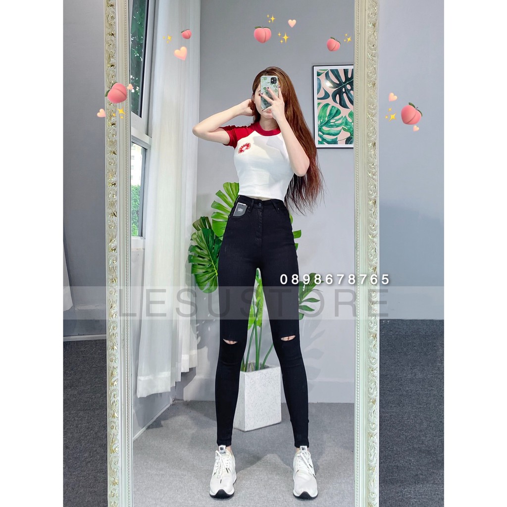 ẢNH TỰ CHỤP Quần Skinny jeans xẻ 2 gối lưng cao