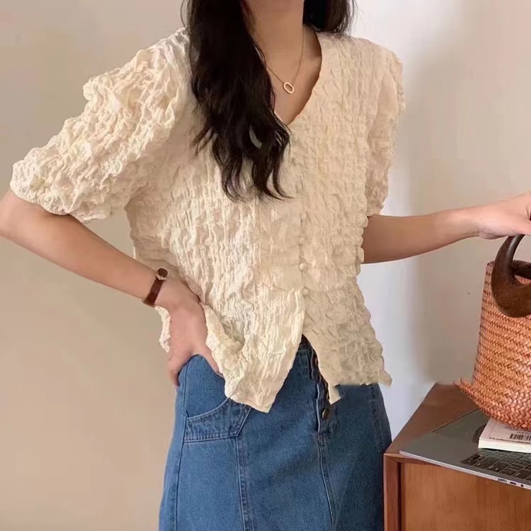 Áo kiểu SUXI tay ngắn phồng cổ chữ v màu sắc đơn giản phong cách Hàn Quốc cho nữ