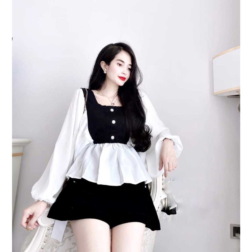 Áo Sơ Mi Cổ Vuông Phối Len Tăm Bèo Trắng Tay Phồng Phong Cách Hàn Quốc