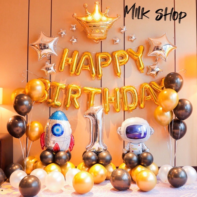 Set bong bóng happy birthday trang trí cho bé trai 1 tuổi V01 màu vàng milkshop