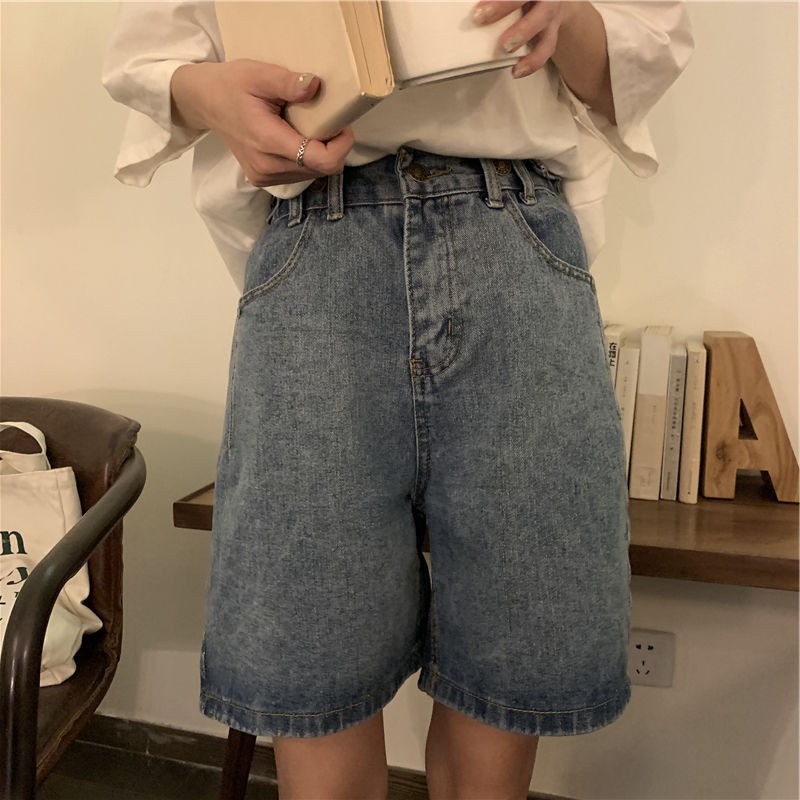 Xiaozhainv Quần đùi denim lưng cao dáng rộng phong cách cổ điển cho nữ | BigBuy360 - bigbuy360.vn
