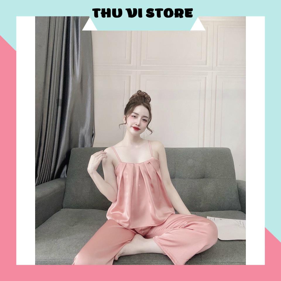 Đồ Bộ Mặc Nhà, Đồ Ngủ Lụa Áo 2 Dây Xếp Ly Quần Dài Chất Lụa Satin Cao Cấp Form Rộng Rãi Dưới 65kg Mặc Vừa. | BigBuy360 - bigbuy360.vn