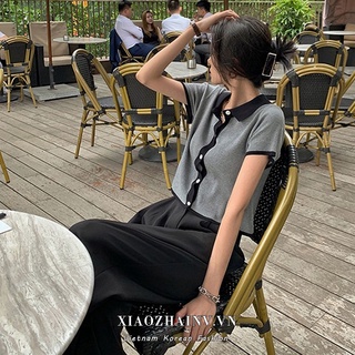 Áo lửng dệt kim ngắn tay đơn giản áo len cúc giữa cổ bẻ phối màu nổi bật thời trang mùa hè cho nữ M83 B2-12.1