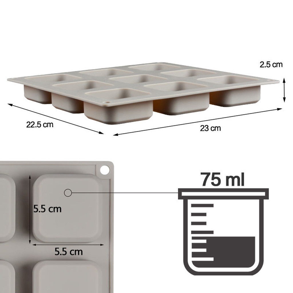 Khuôn silicon làm bánh socola 9 ô hình vuông kích thước 22.3*22.3*2.7CM