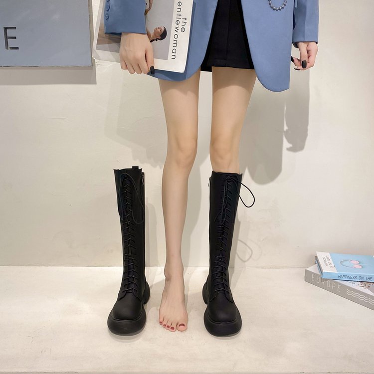 Giày bốt đế cao mũi tròn thắt dây và phối khóa kéo thời trang cá tính dành cho nữ | BigBuy360 - bigbuy360.vn