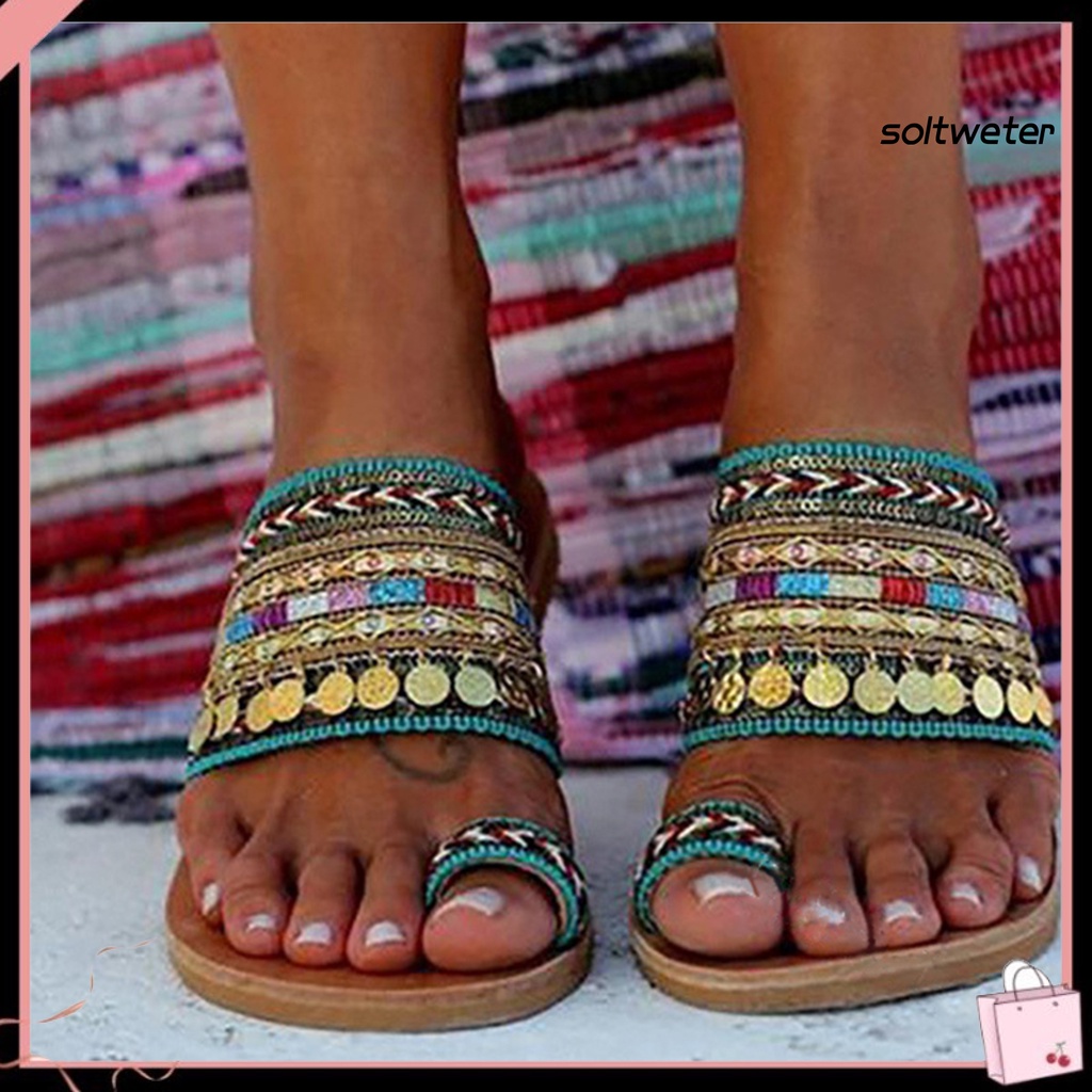Dép sandal xỏ ngón đế bằng chống trượt phối tua rua phong cách Bohemian thời trang đi biển cho nữ