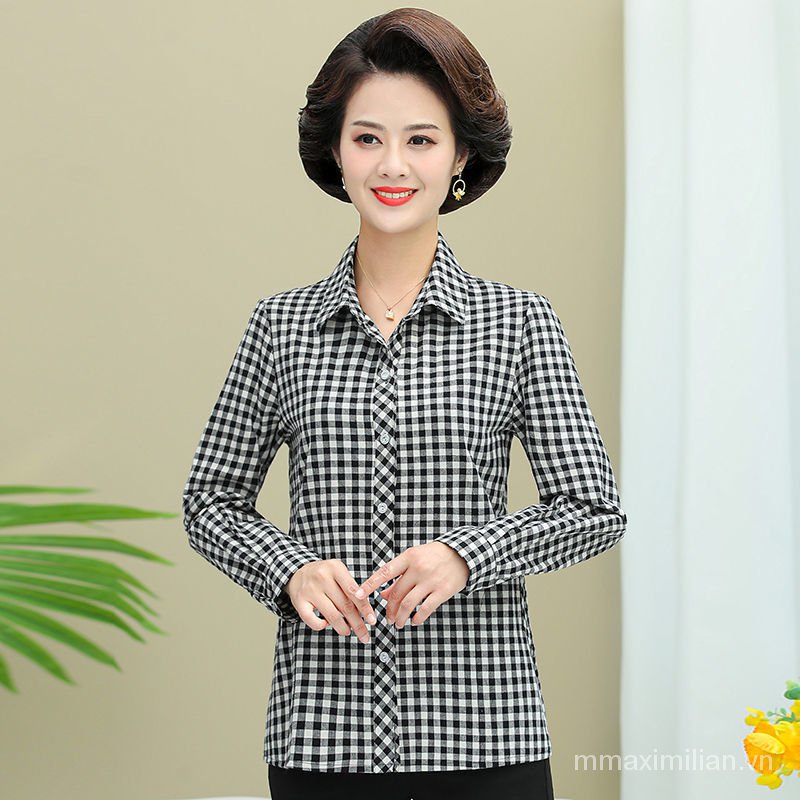 Áo Sơ Mi Cotton Tay Dài Dáng Rộng Kẻ Sọc Caro Thời Trang Mùa Thu Cho Nữ Trung Niên