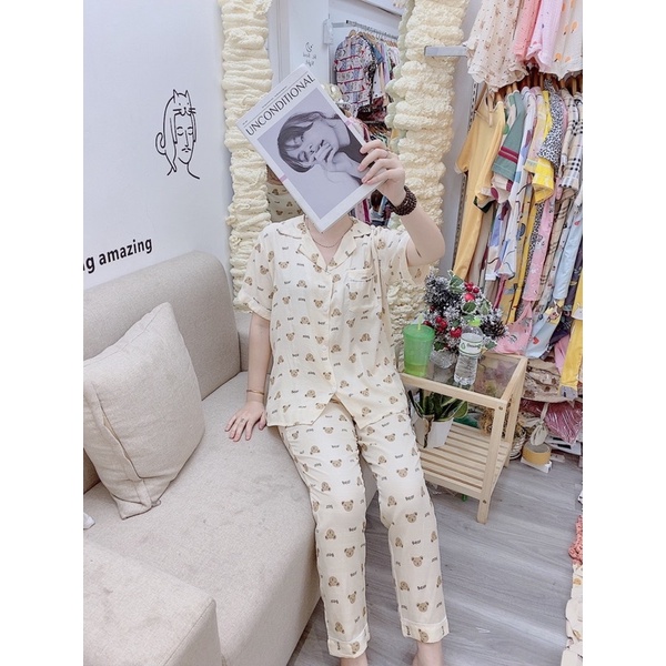 Bộ pijama mặc nhà bộ ngủ nữ bộ đũi tay cộc quần dài chất siêu mát mùa hè 2023 Kingofpijamas