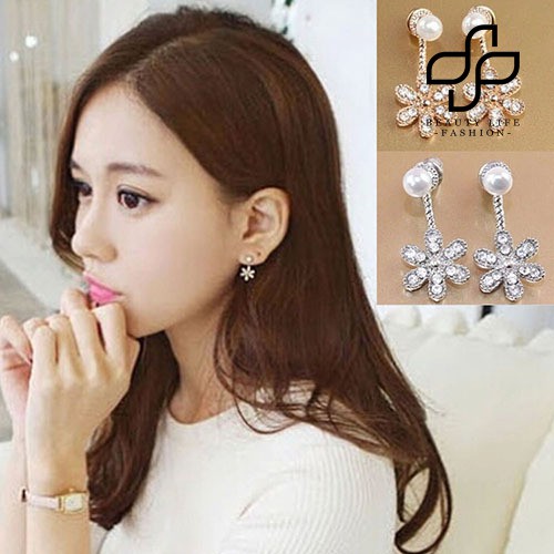 【NEW】Women Korean Style Faux Pearl Ear Stud Rhinestone Crystal Flower Dangle Earrings