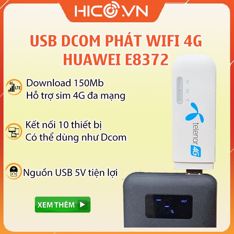 Dcom phát wifi, Usb phát wifi Huawei E8372 4g tốc độ 150Mbps – dùng đa mạng, hỗ trợ 10 thiết bị kết nối mạng cùng lúc