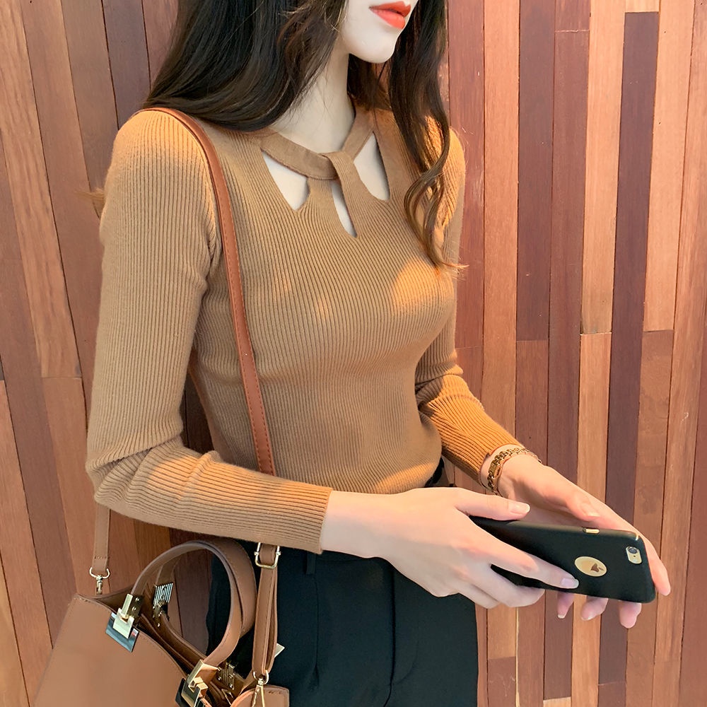 Áo len nữ tay dài thời trang thiết kế khoét ngực độc đáo