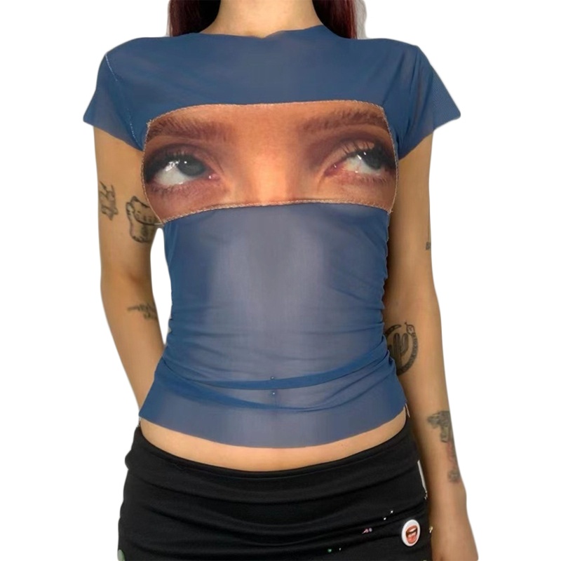Brroa Áo Croptop Tay Ngắn Phối Lưới Xuyên Thấu In Họa Tiết Đôi Mắt Độc Đáo Thời Trang Mùa Hè