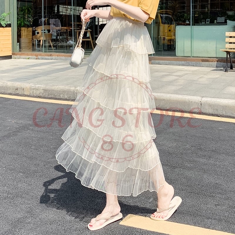Chân váy xếp tầng 2 lớp - Chân váy dài midi bánh bèo lưng cao nhiều màu (Hàng Quảng Châu)