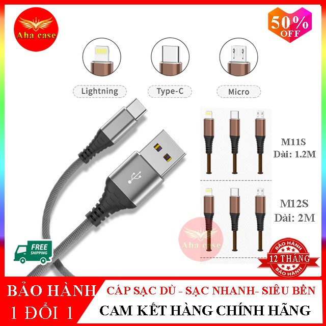 Cáp sạc nhanh M11s, M12s Chính hãng SD Design dây sạc iPhone, TypeC, Micro - Siêu bền - Chống Gẫy Đứt - Bh 12 tháng