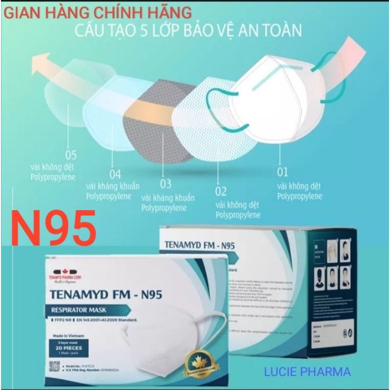 Khẩu trang y tế TENAMYD FM-N95 RESPIRATOR MASK túi riêng có đệm mũi và thanh gài chống đau tai. Hộp 20 cái