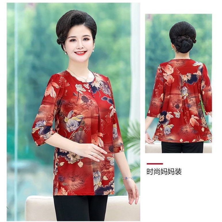 Áo kiểu trung niên nữ, Áo sơ mi họa tiết  đủ size 45-80kg cho mẹ, chất liệu thun cát thoáng mát nhiều màu