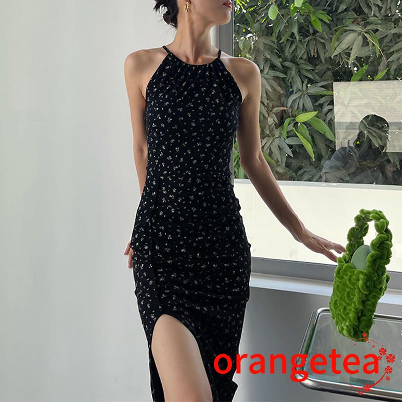 Đầm chữ A không tay cổ yếm xẻ tà in hoa gợi cảm cho nữ chất lượng cao