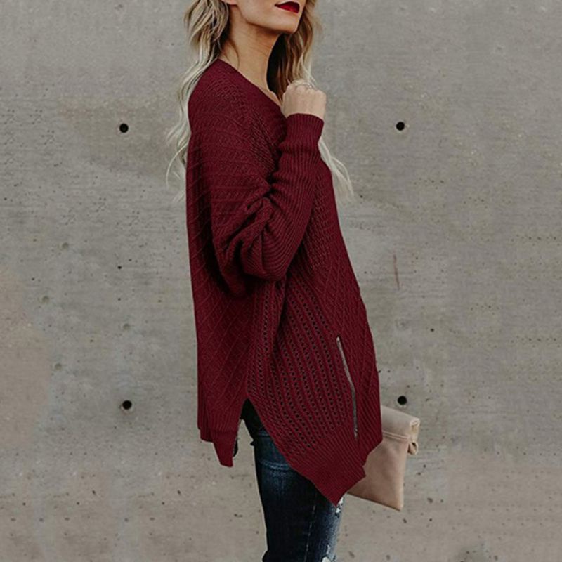 Áo Sweater Dệt Kim Chui Đầu Dáng Rộng Tay Cánh Dơi Lệch Vai Phối Khóa Kéo Cho Nữ
