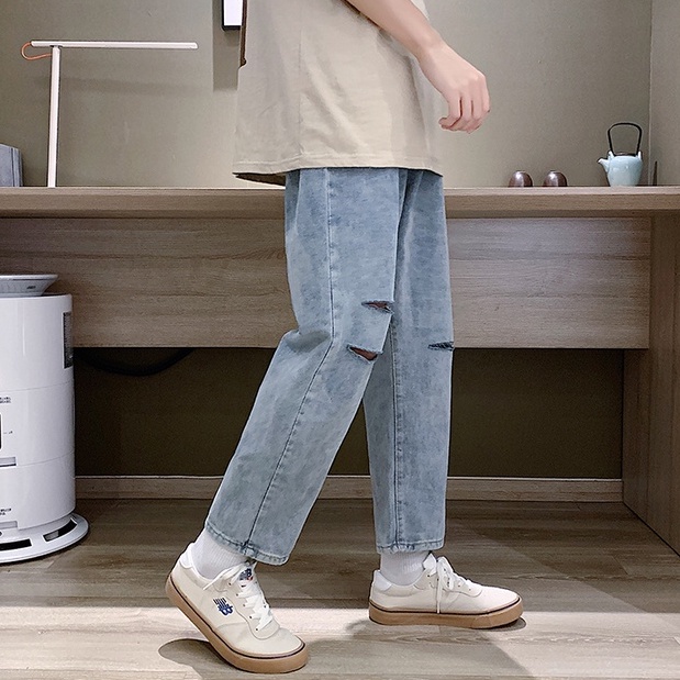 Quần Jean Baggy Màu Xanh, Không Phai Màu, Rách 3 Cạnh Cá Tính Dành Cho Cả Nam Và Nữ