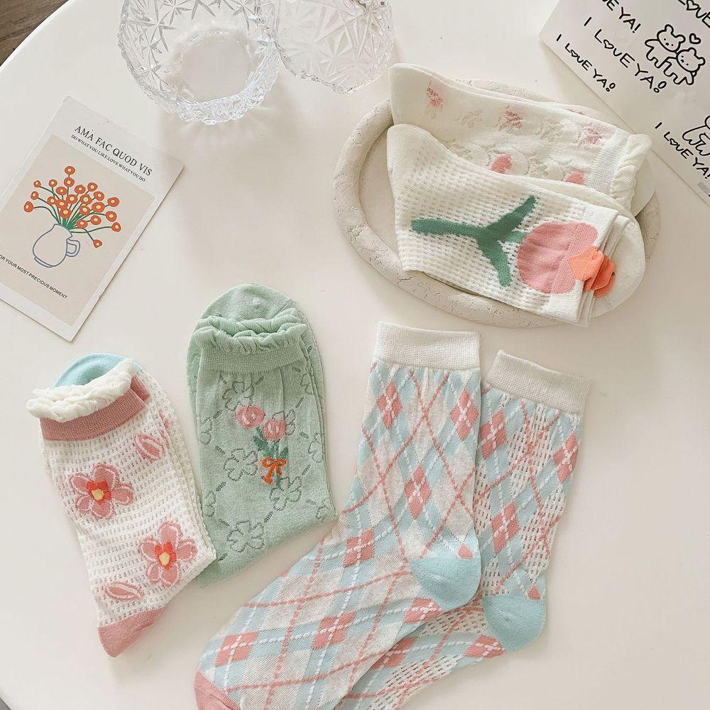 Vớ Lưới Cổ Cao Thoáng Khí Mềm Mại Họa Tiết Hoa Tulip Phong Cách Nhật Bản Cho Nữ