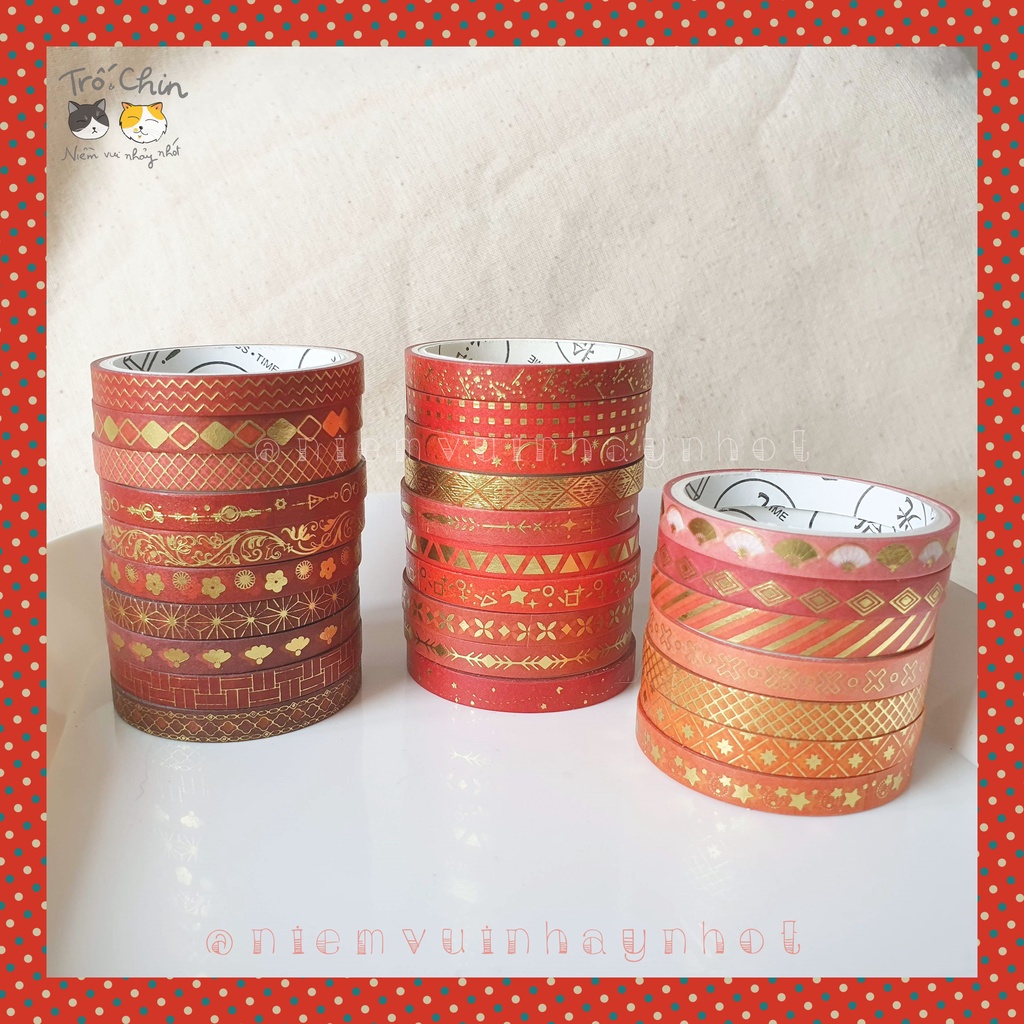 [HÀNG CÓ SẴN] [ẢNH THẬT] Washi tape nhũ ánh kim MÀU ĐỎ Gold Red Washi tape (kích thước 5mm*2m)