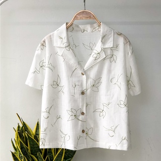 {Giá sốc trải nghiệm sp mới}-Áo sơ mi form lửng cổ danton nút gỗ Vintage ulzzang K-style