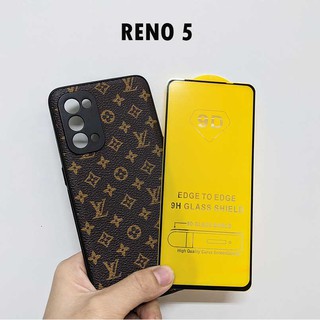 Combo kính cường lực full màn hình ốp lưng in sần họa tiết LV Oppo Reno 5 5G