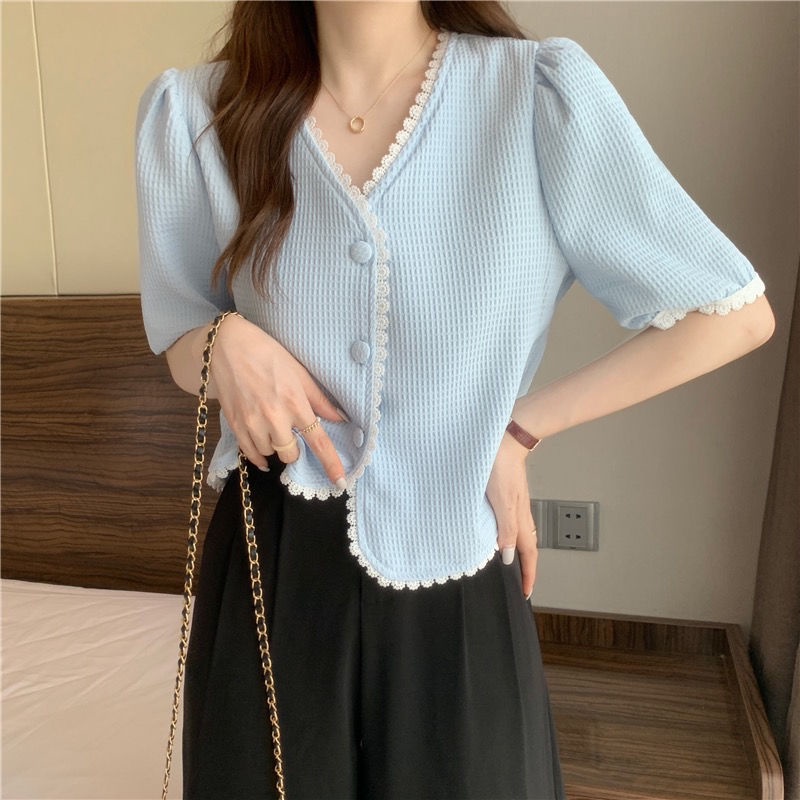 Áo Sơ Mi Cổ Chữ V Màu Sắc Đơn Giản Thời Trang Mùa Hè Phong Cách Pháp Cho Nữ