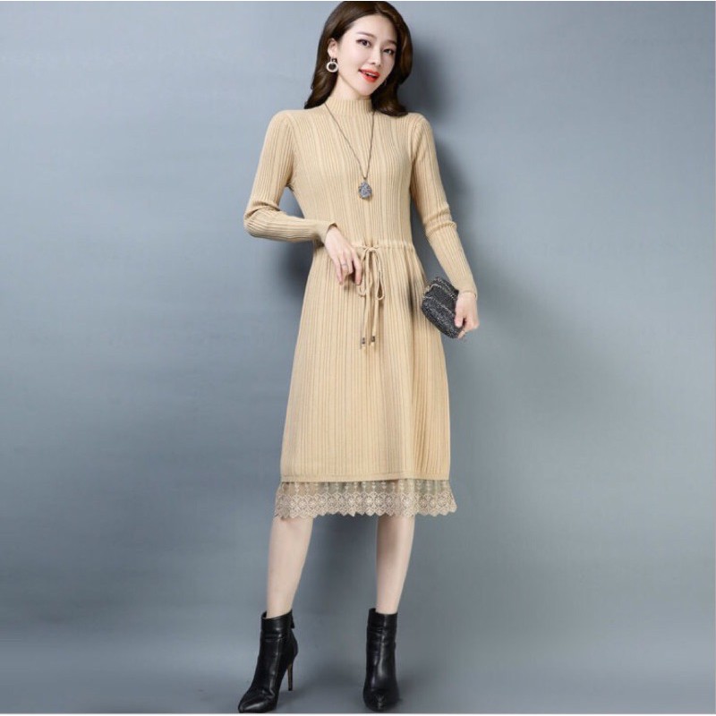 Đầm len nữ dáng dài phối ren sang chảnh hàng quảng châu da06