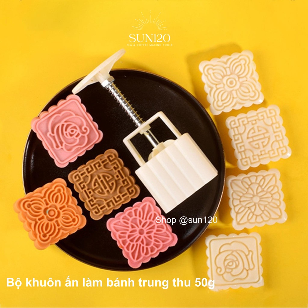 Bộ Khuôn Làm Bánh Trung Thu 4 mặt 50g khuôn ấn lò xo Trang Trí Bánh Trung Thu Hình Hoa 3D khuôn tròn khuôn vuông
