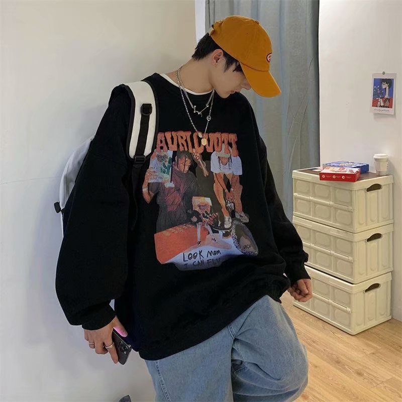 Áo sweater tay dài cổ tròn dáng rộng in họa tiết hoạt hình phong cách đường phố Hàn Quốc thời trang cho nam size M-5XL