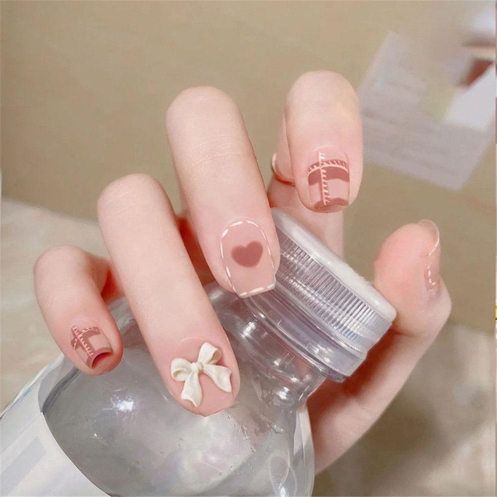 Bộ Móng Tay Giả Che Phủ Toàn Diện Đính Nơ Xinh Xắn