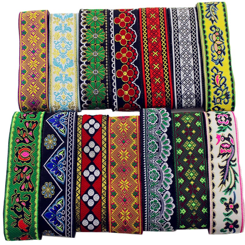 Dây Ruy Băng Vải Cotton Phối Ren Thêu Họa Tiết Thổ Cẩm Làm Đồ Thủ Công Rộng 3.3cm 5Yards