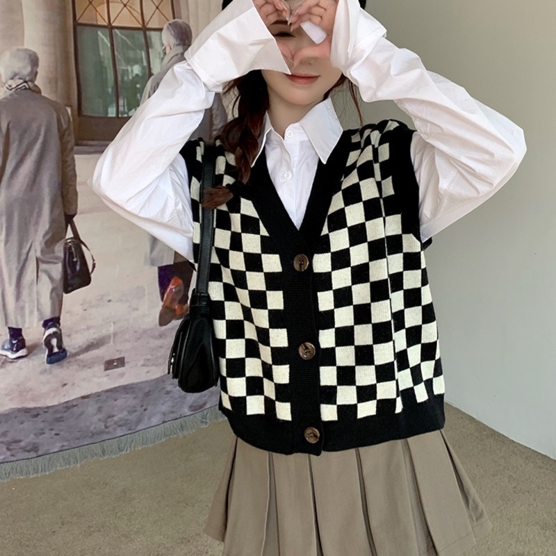 172907 |Màu Đen| Áo Len Không Tay Cổ Chữ V Họa Tiết Sọc Caro Dễ Phối Đồ