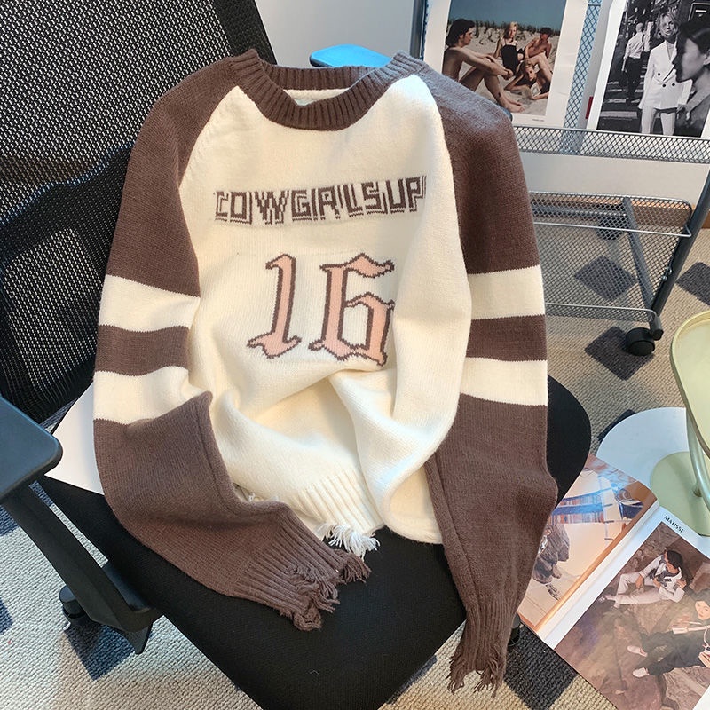 Áo Sweater Dệt Kim Sờn Dáng Rộng Màu Tương Phản Thời Trang Mùa Thu Mới Cho Nữ