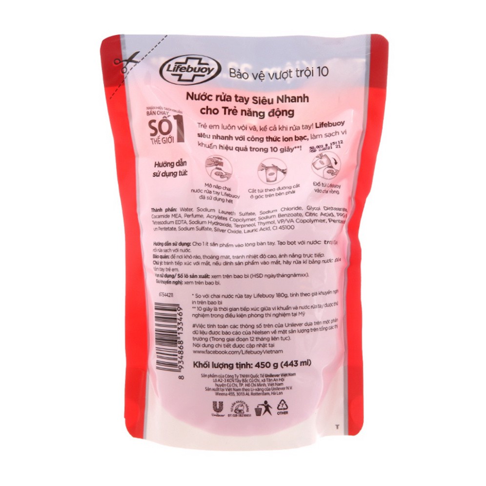 Nước Rửa Tay Lifebuoy Túi 450g Chăm Sóc Da, Bảo Vệ Vượt Trội, Cho Tay Làm Bếp