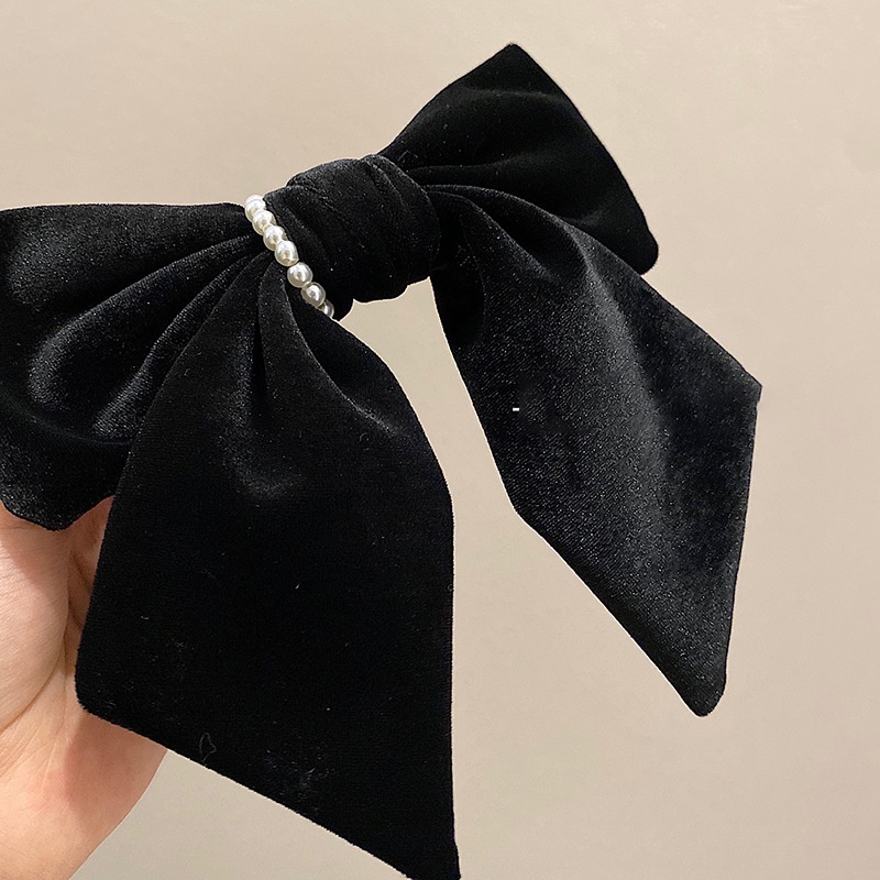 Kẹp Tóc Nơ Nhung Đen Đính Ngọc Trai Thời Trang