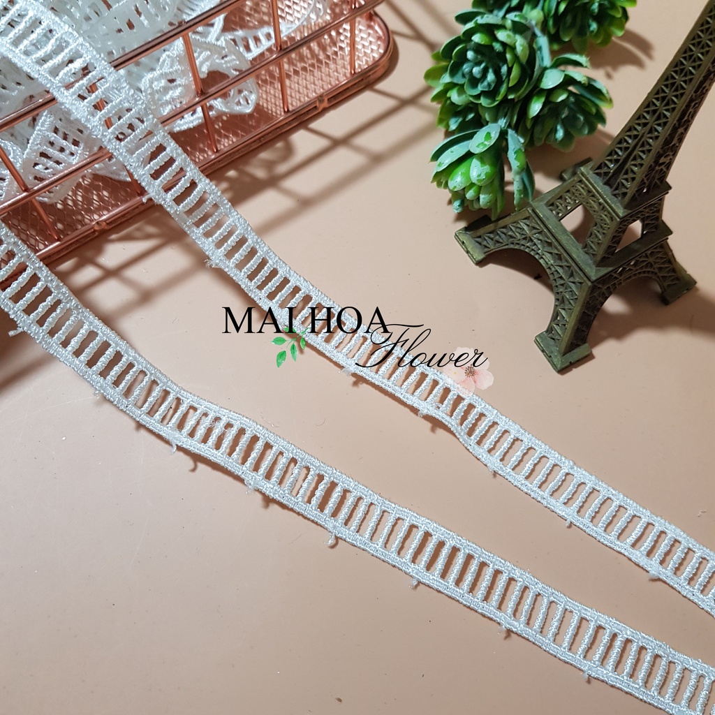 RC15 Cuộn 20 mét ren viền váy áo ren chỉ trắng hình thang dùng may đồ rộng 1.5cm Maihoaflower
